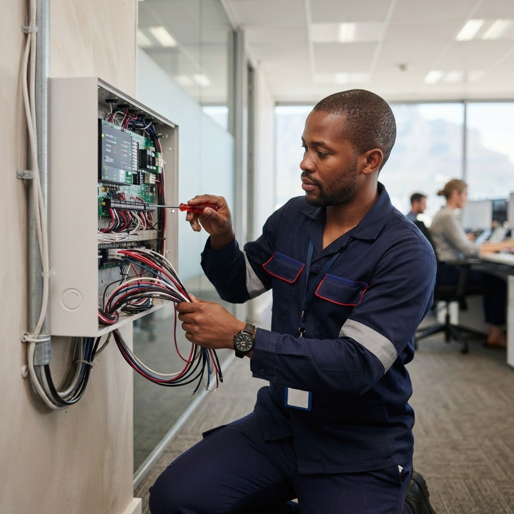Jero Fire Solutions technician installing a fire alarm panel in Gauteng