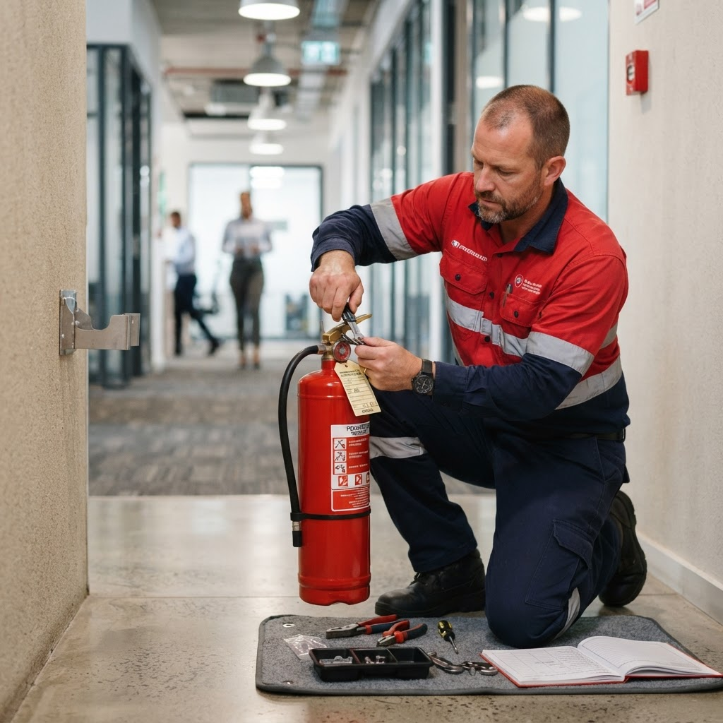 Jero Fire Solutions technician servicing a fire extinguisher in Gauteng