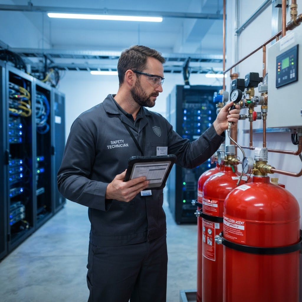 Jero Fire Solutions technician testing a suppression system in a commercial building